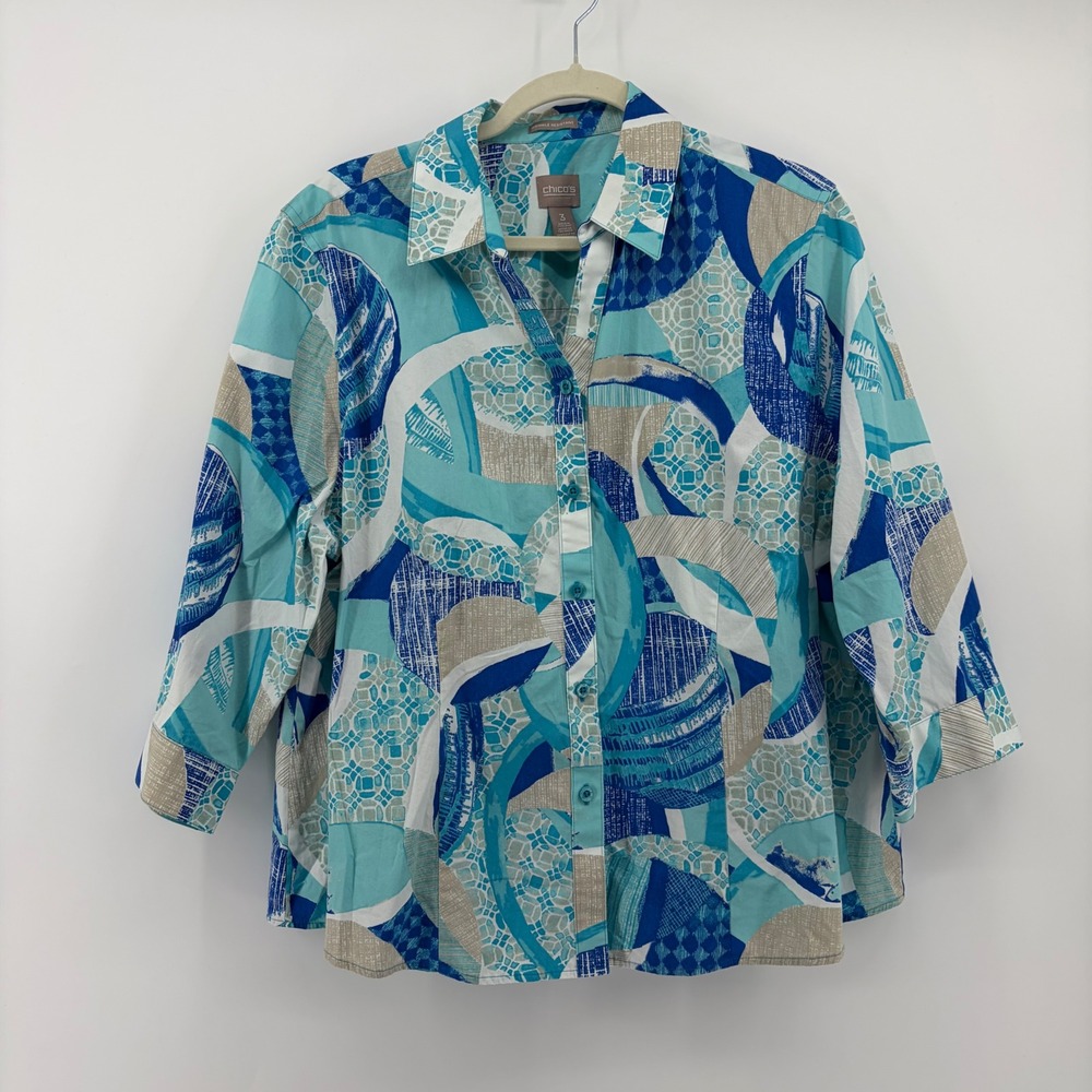 Chico's Womens XL Blue Abstract Button Up‎ Shirt Wrinkle Resistant 3/4 Sleeve